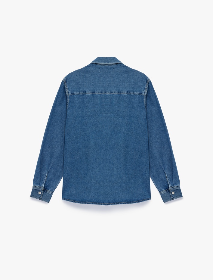  Rahat Kalıp Uzun Kollu Düğmeli Kapaklı Cepli Klasik Yaka Pamuklu Jean Gömlek