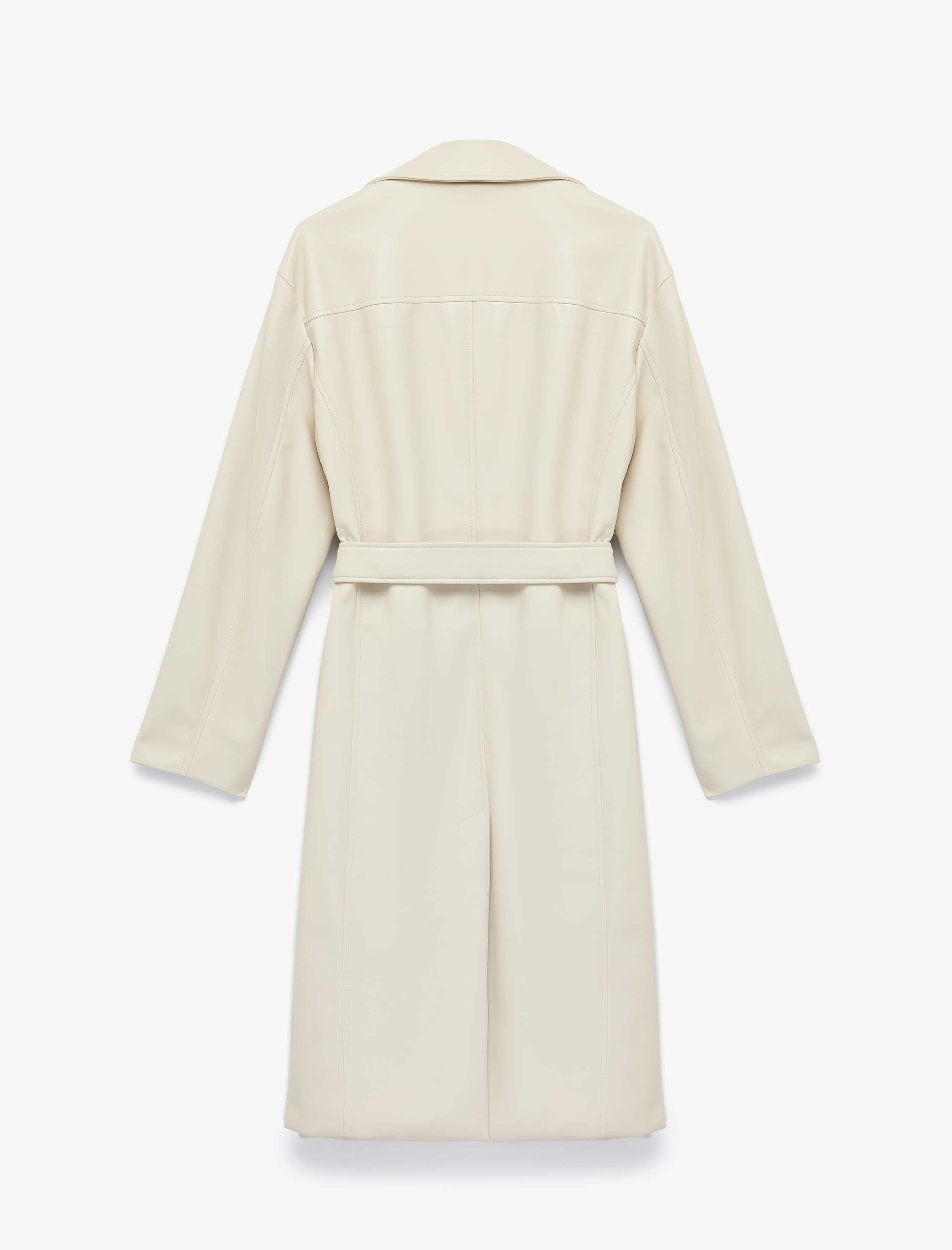   Uzun Kollu Cepli Kemerli Suni Deri Trençkot