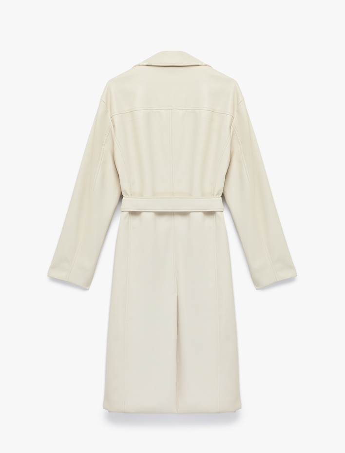  Uzun Kollu Cepli Kemerli Suni Deri Trençkot