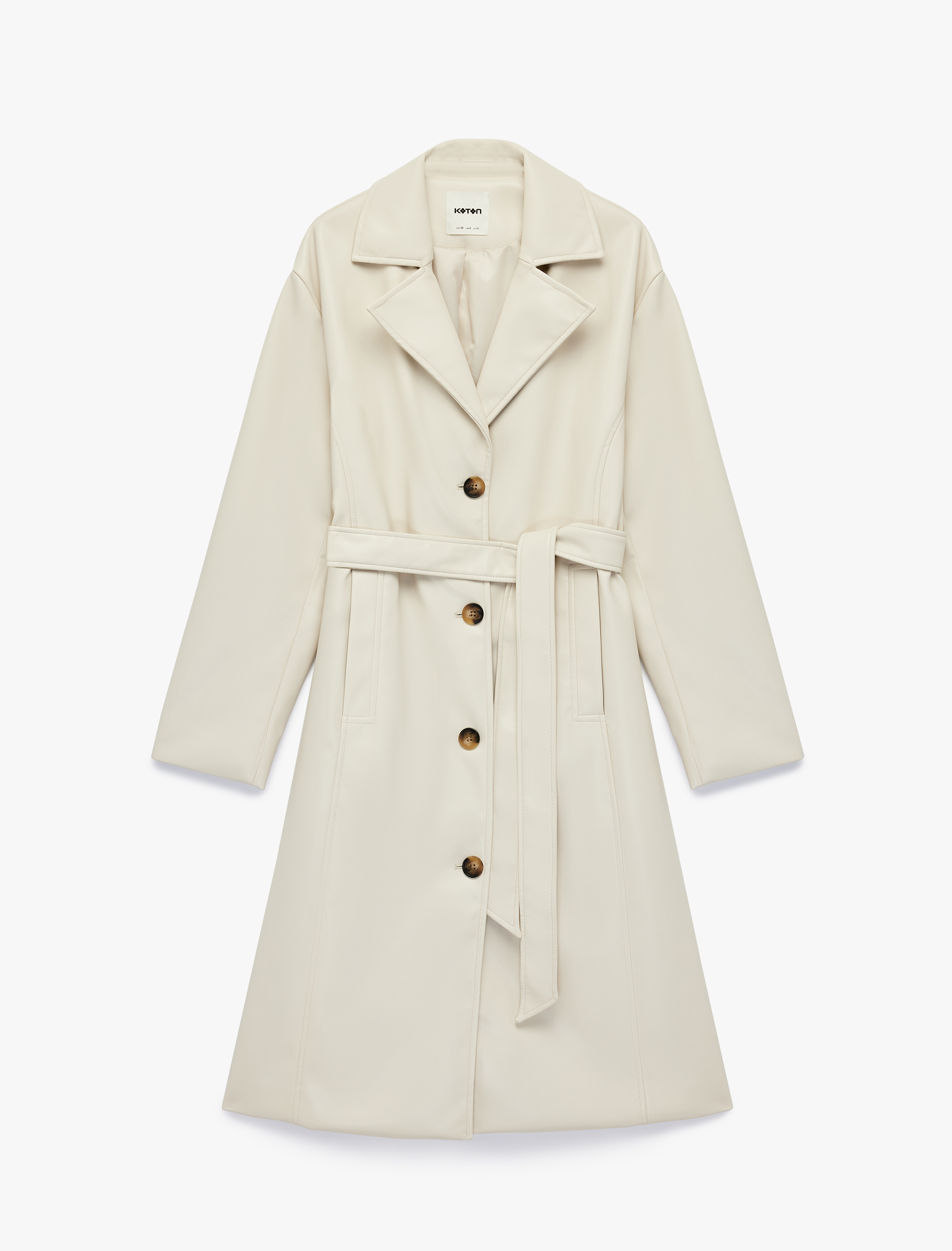   Uzun Kollu Cepli Kemerli Suni Deri Trençkot