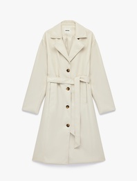 Uzun Kollu Cepli Kemerli Suni Deri Trençkot