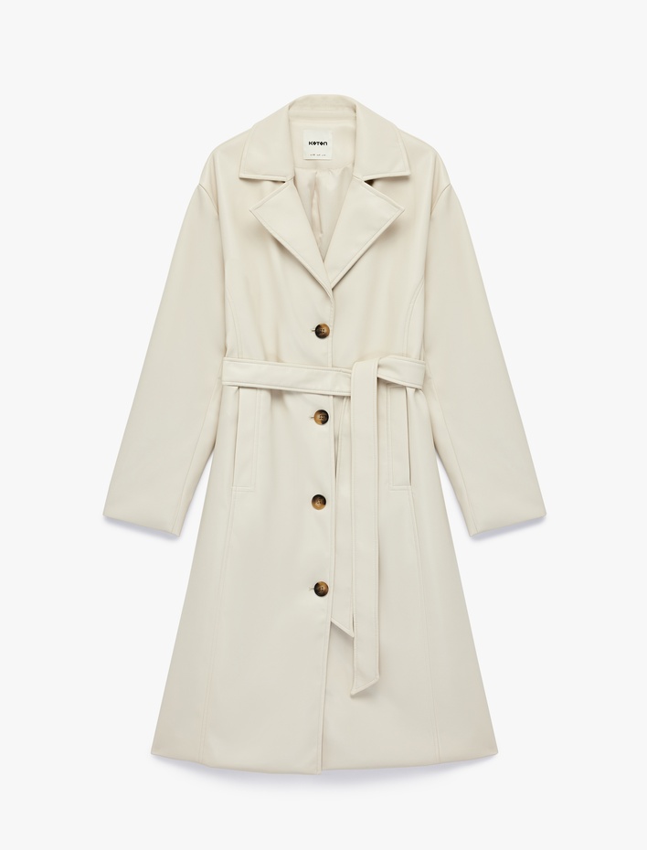  Uzun Kollu Cepli Kemerli Suni Deri Trençkot