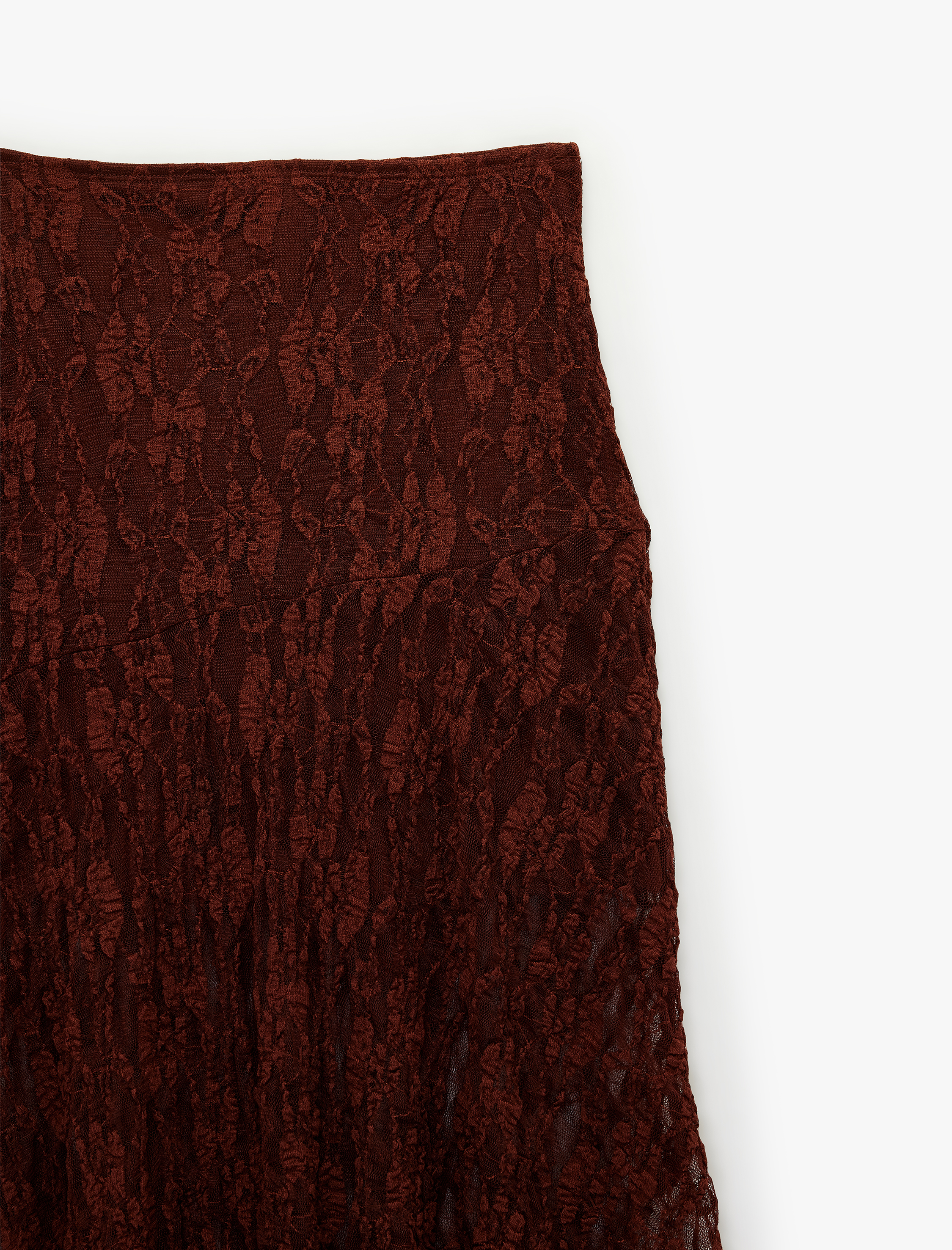   Yüksek Bel Asimetrik Dantelli Midi Etek