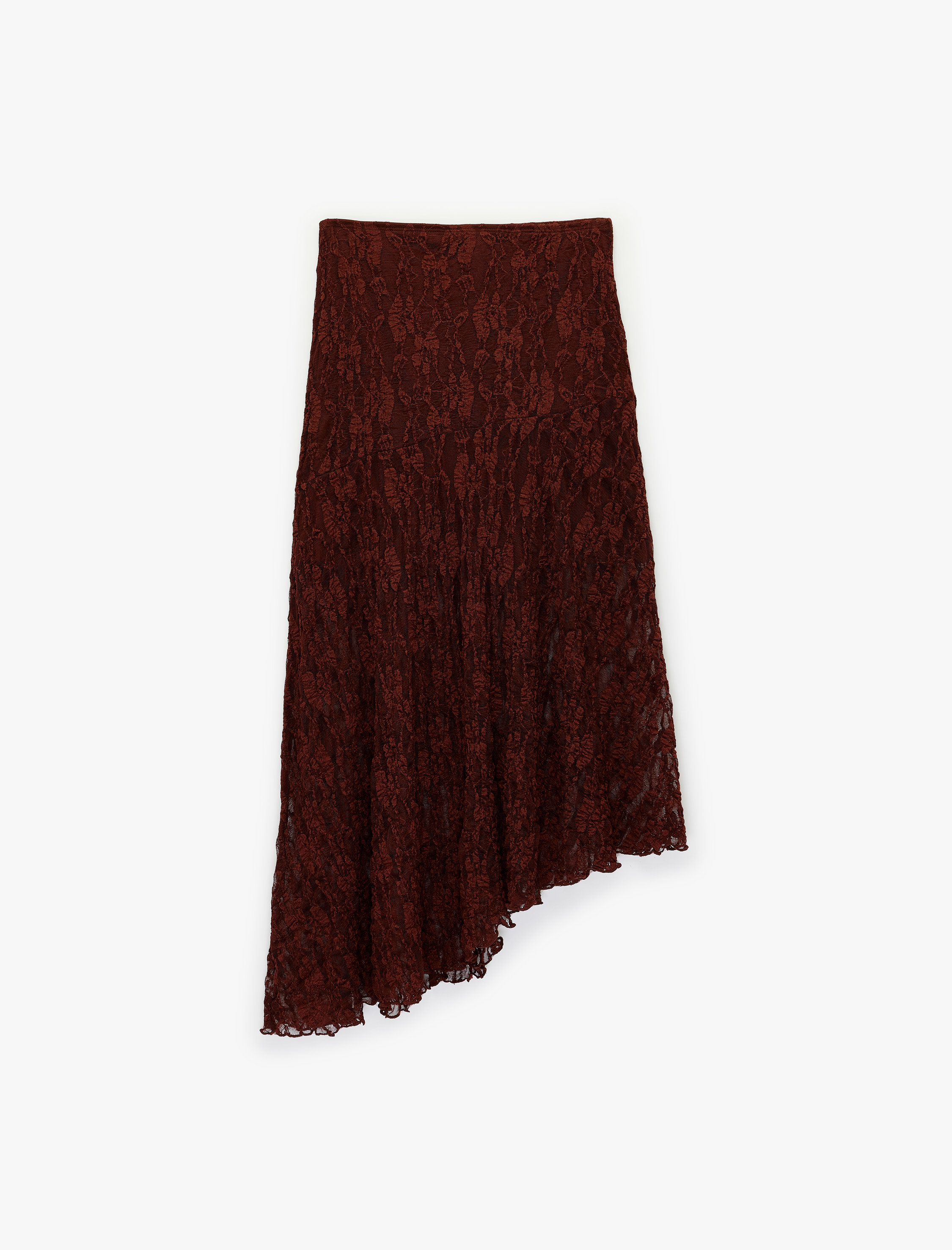   Yüksek Bel Asimetrik Dantelli Midi Etek