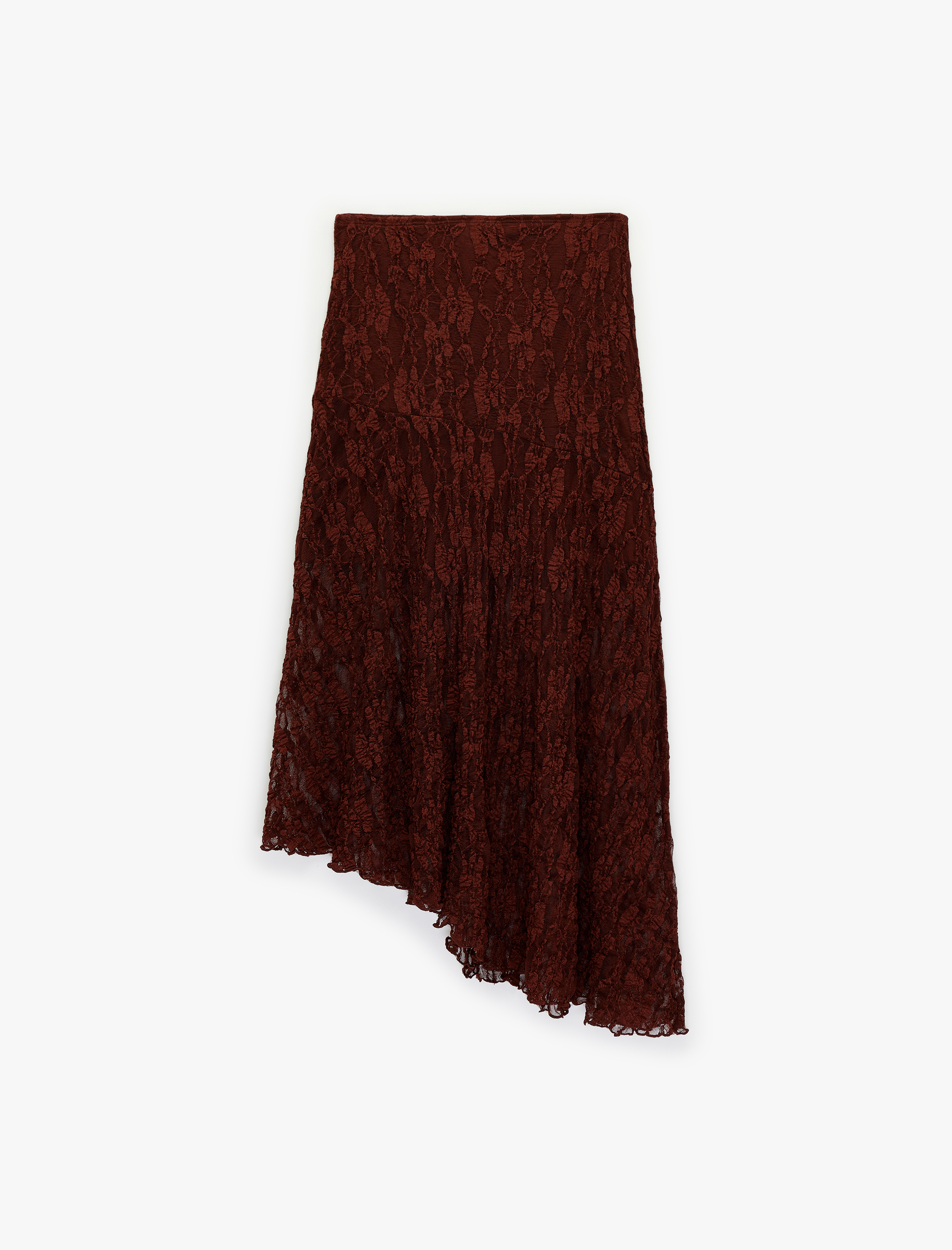   Yüksek Bel Asimetrik Dantelli Midi Etek