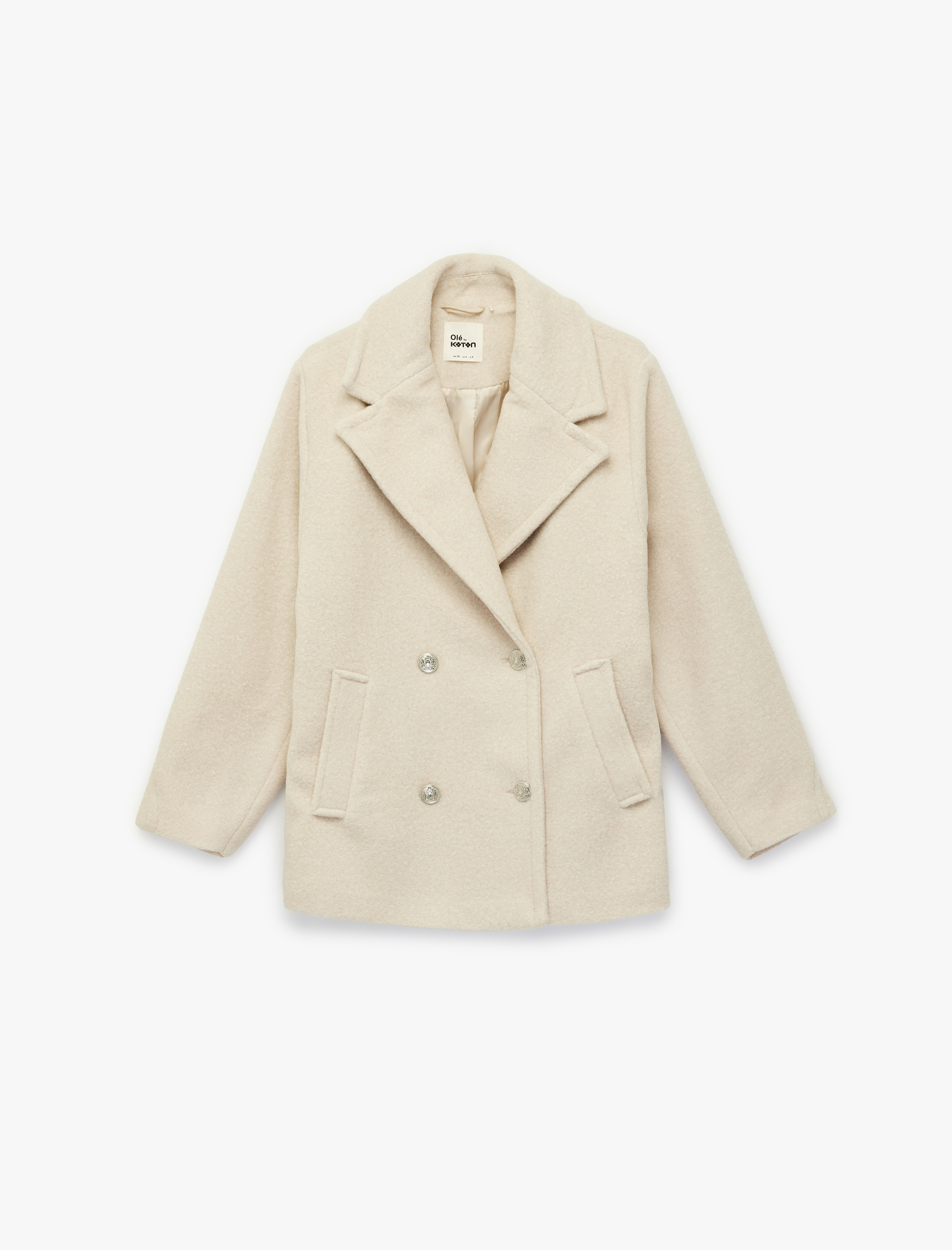   Uzun Kollu Cepli Düğmeli Kruvaze Yaka Kaban