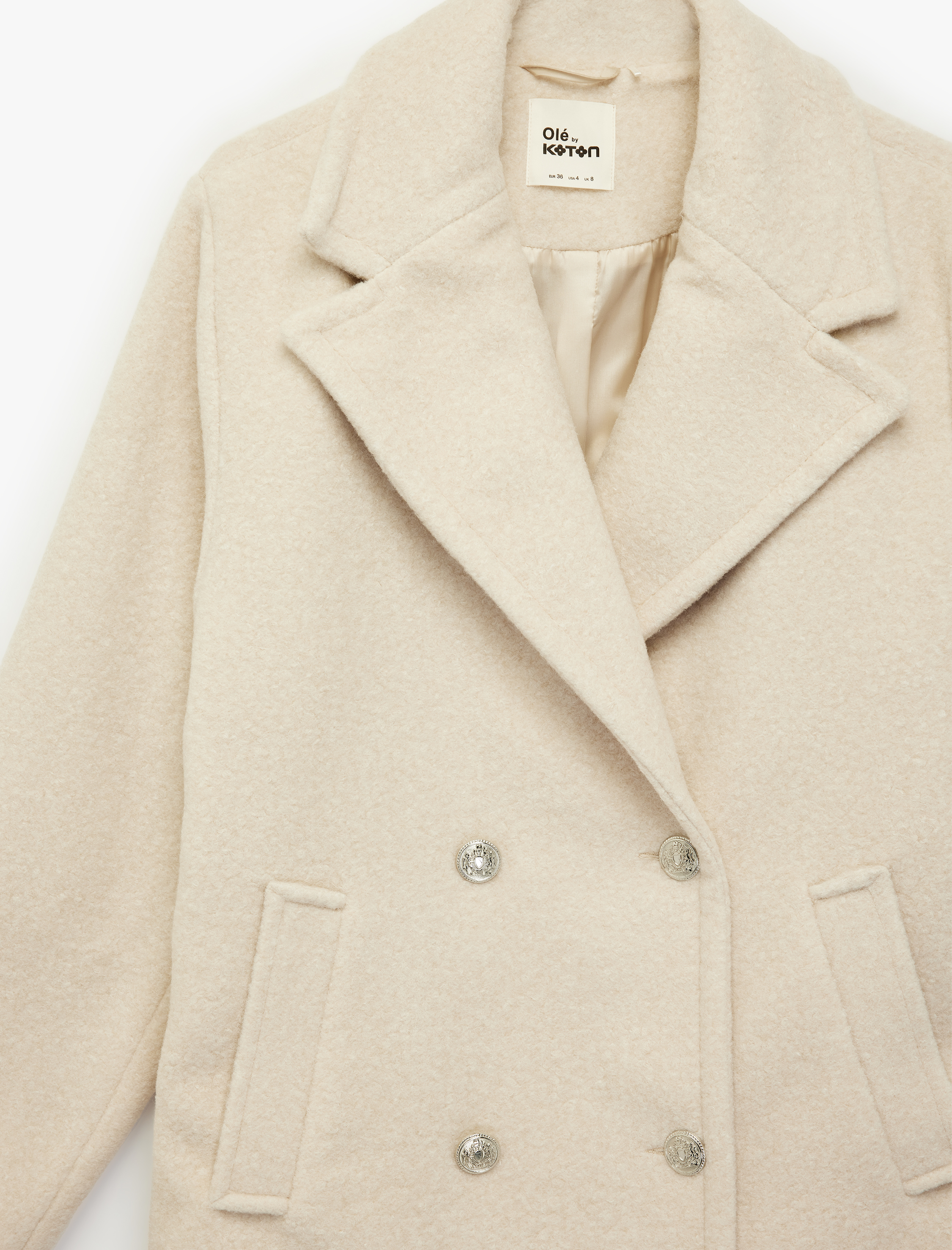   Uzun Kollu Cepli Düğmeli Kruvaze Yaka Kaban