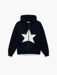 Uzun Kollu Yıldız Nakışlı Pamuklu Cepli Rahat Kalıp Kapüşonlu Fermuarlı Sweatshirt