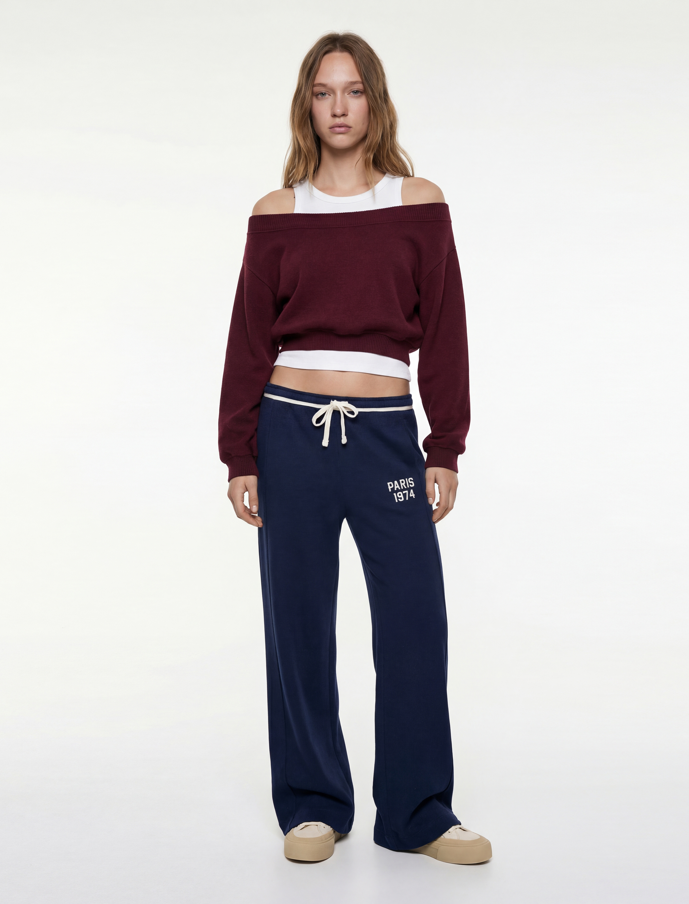   Viskon Karışımlı Kayık Yaka Omzu Açık Uzun Kollu Tişört