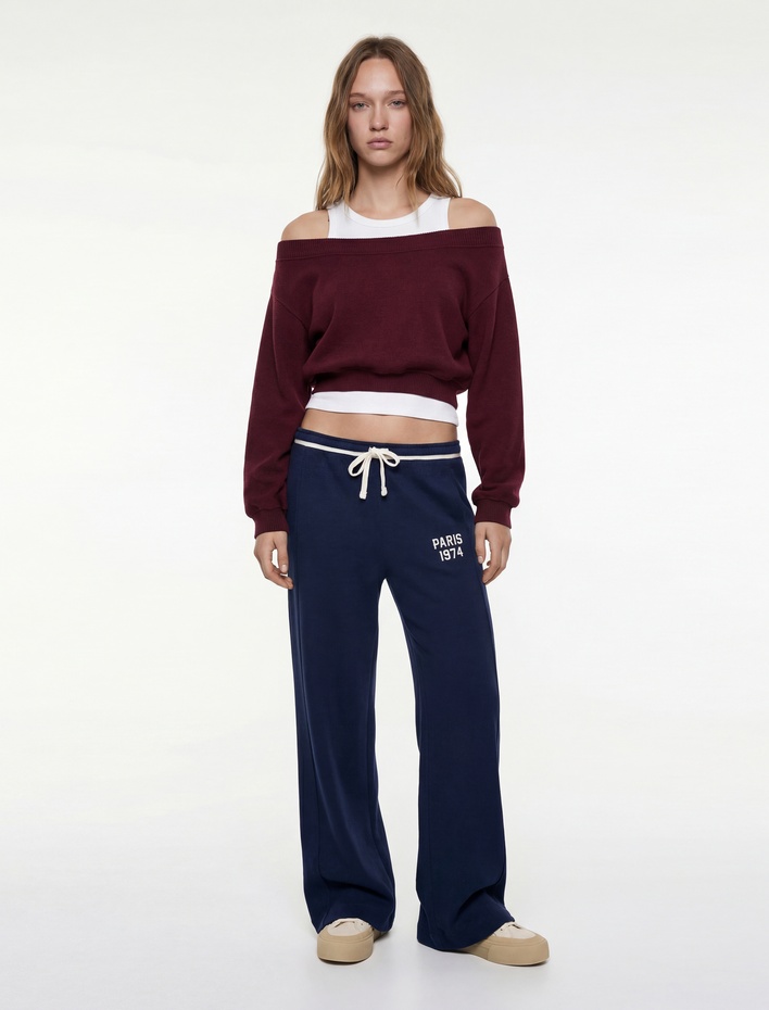  Viskon Karışımlı Kayık Yaka Omzu Açık Uzun Kollu Tişört