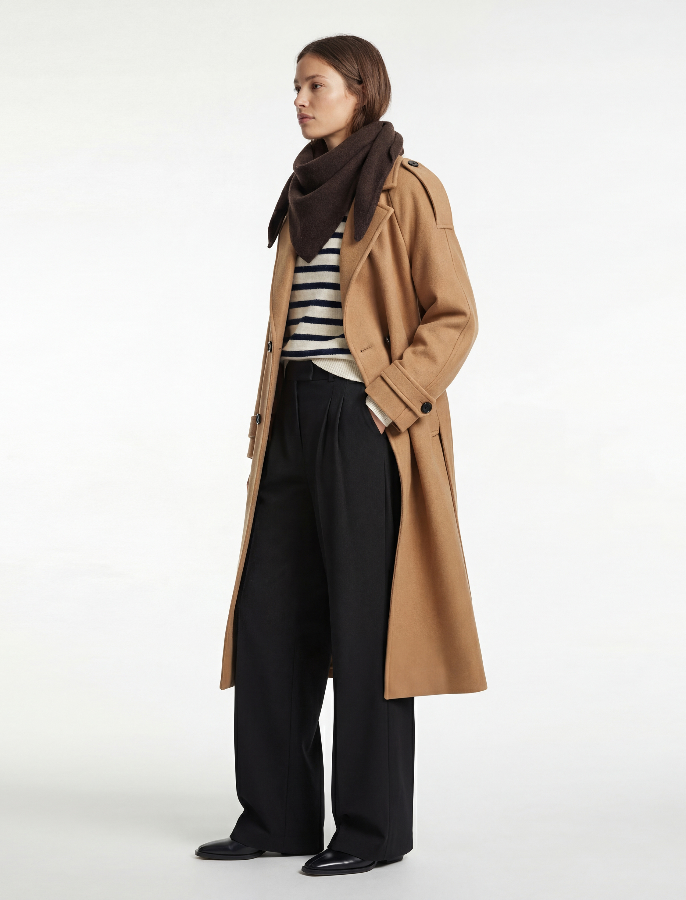   Trenç Kaban Kaşe Kruvaze Düğmeli Kemerli Cepli Uzun Kollu