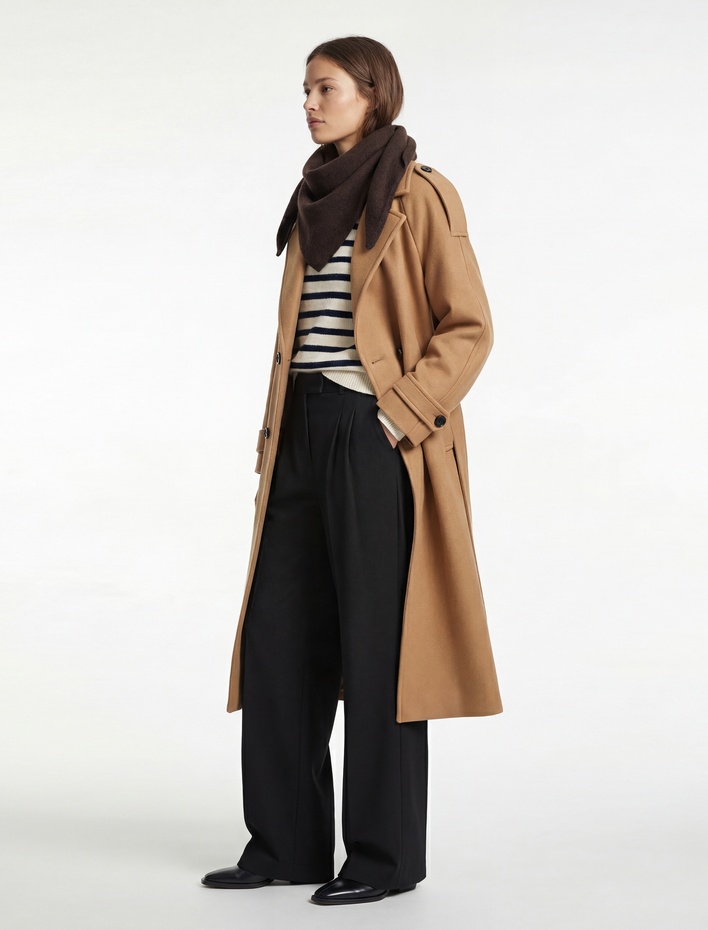  Trenç Kaban Kaşe Kruvaze Düğmeli Kemerli Cepli Uzun Kollu