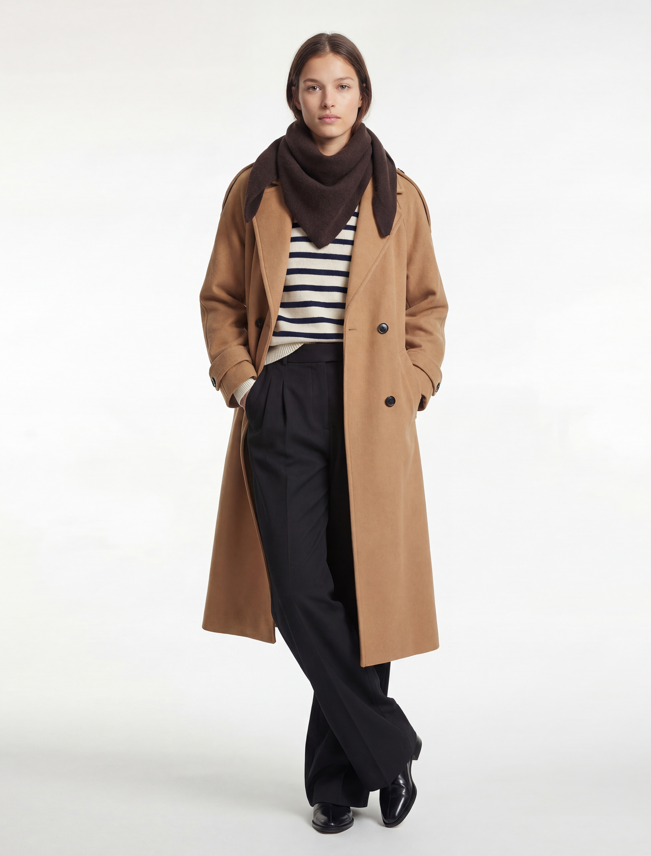   Trenç Kaban Kaşe Kruvaze Düğmeli Kemerli Cepli Uzun Kollu