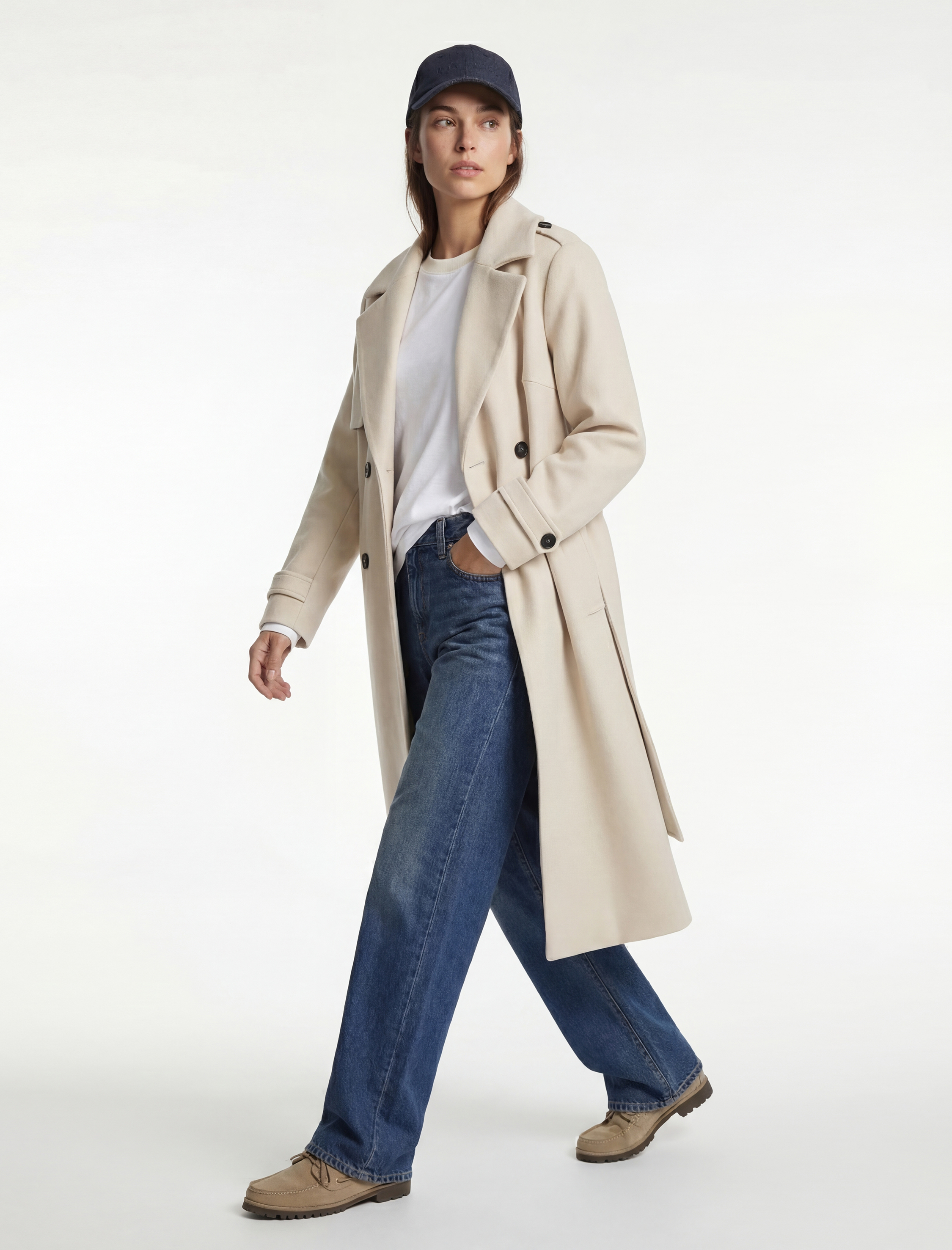   Uzun Kollu Cepli Düğmeli Kemerli Uzun Kruvaze Kaşe Kaban