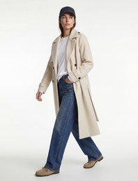 Uzun Kollu Cepli Düğmeli Kemerli Uzun Kruvaze Kaşe Kaban