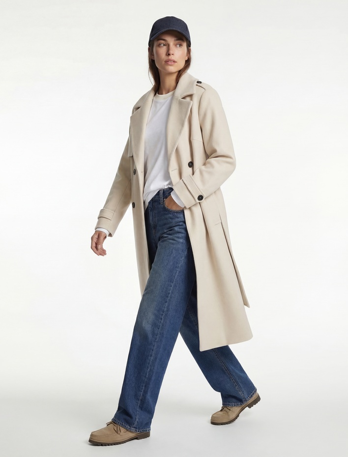  Uzun Kollu Cepli Düğmeli Kemerli Uzun Kruvaze Kaşe Kaban