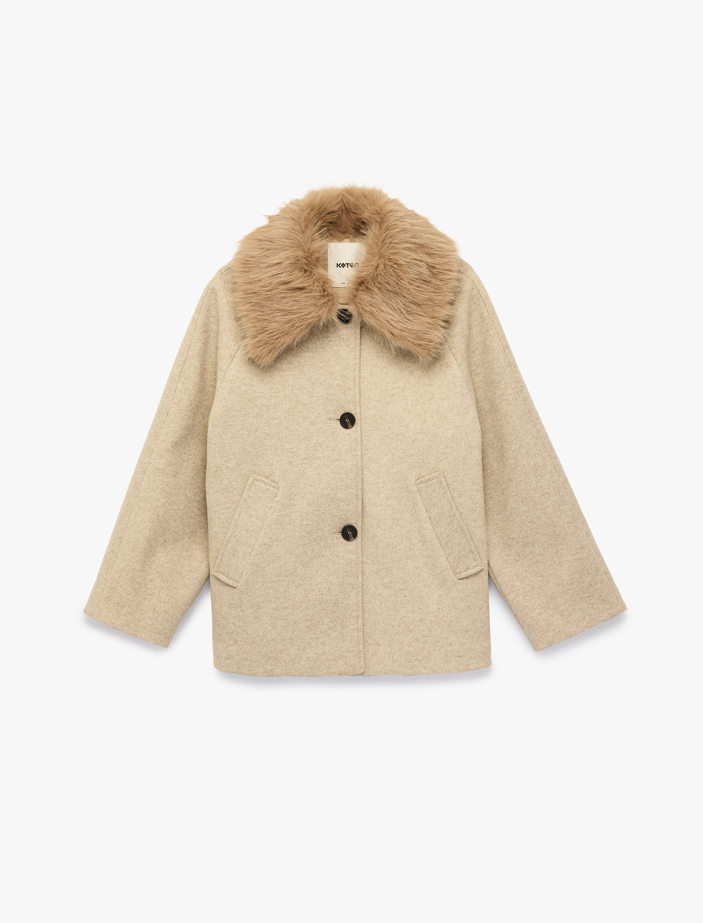   Çıkarılabilir Suni Kürk Yaka Kaşe Kaban Uzun Kollu Düğmeli Cepli