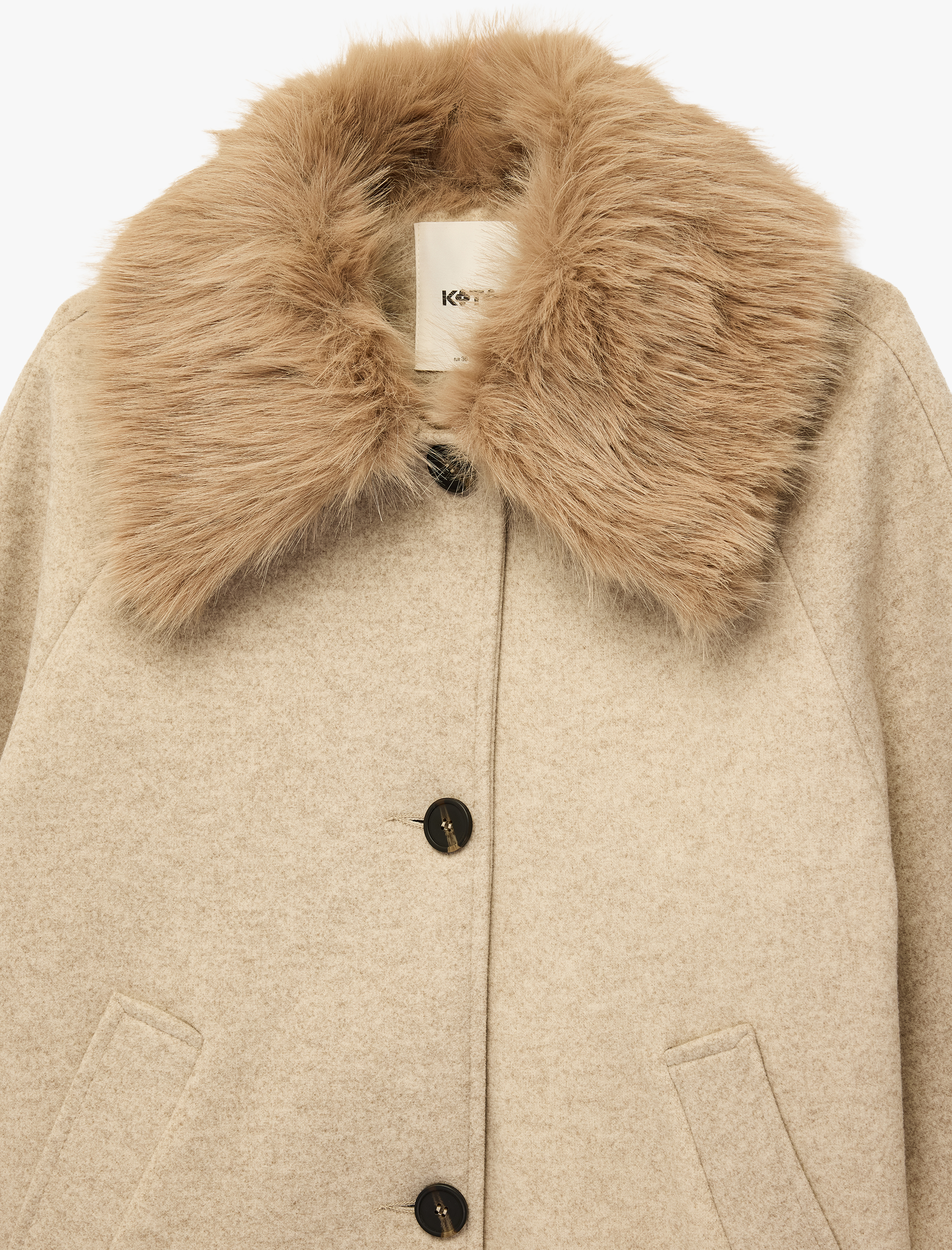   Çıkarılabilir Suni Kürk Yaka Kaşe Kaban Uzun Kollu Düğmeli Cepli