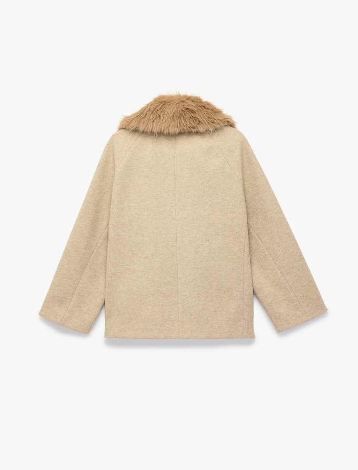  Çıkarılabilir Suni Kürk Yaka Kaşe Kaban Uzun Kollu Düğmeli Cepli