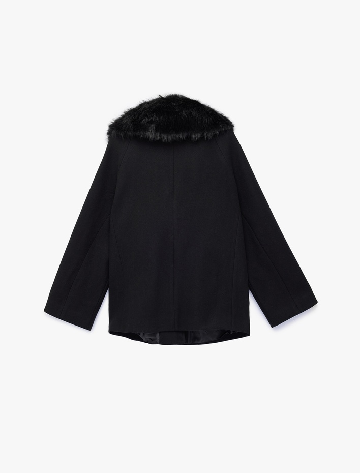  Çıkarılabilir Suni Kürk Yaka Kaşe Kaban Uzun Kollu Düğmeli