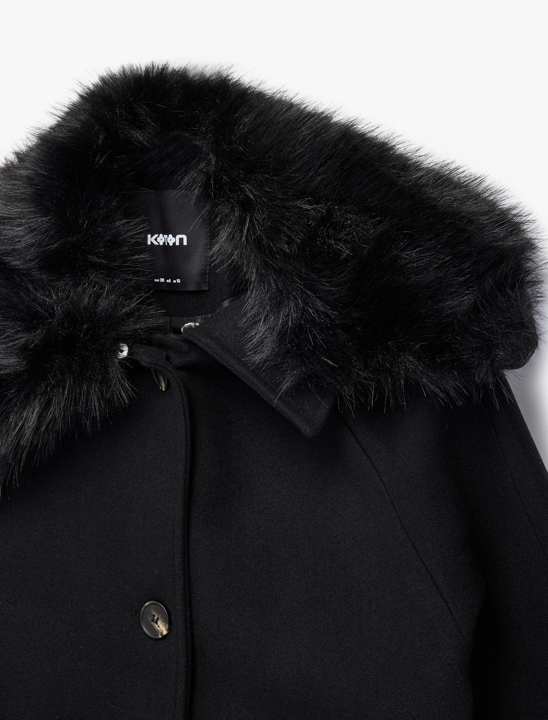   Çıkarılabilir Suni Kürk Yaka Kaşe Kaban Uzun Kollu Düğmeli