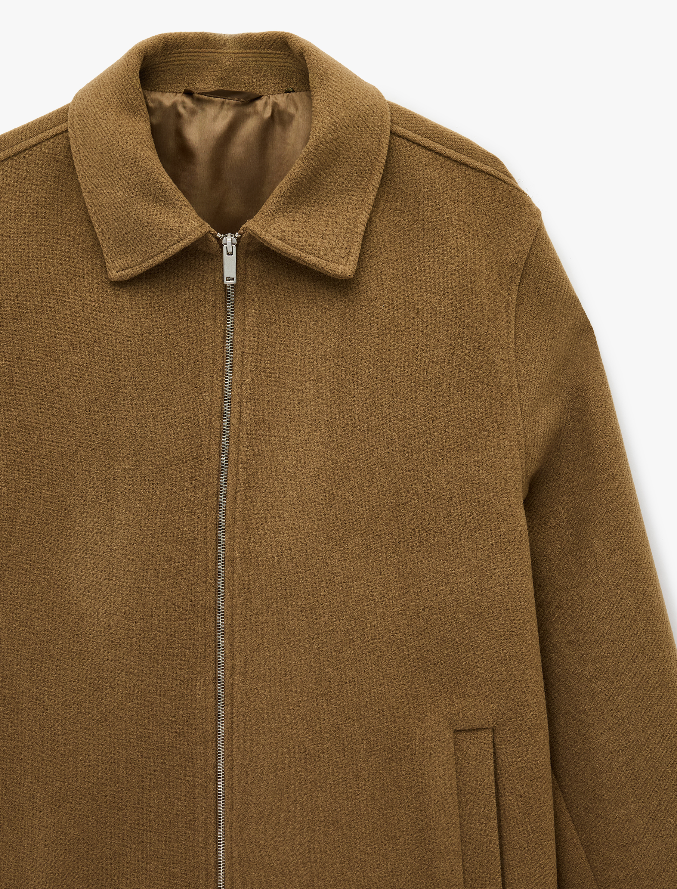   Regular Fit Uzun Kollu Cepli Gömlek Yaka Fermuarlı Kaşe Bomber Ceket