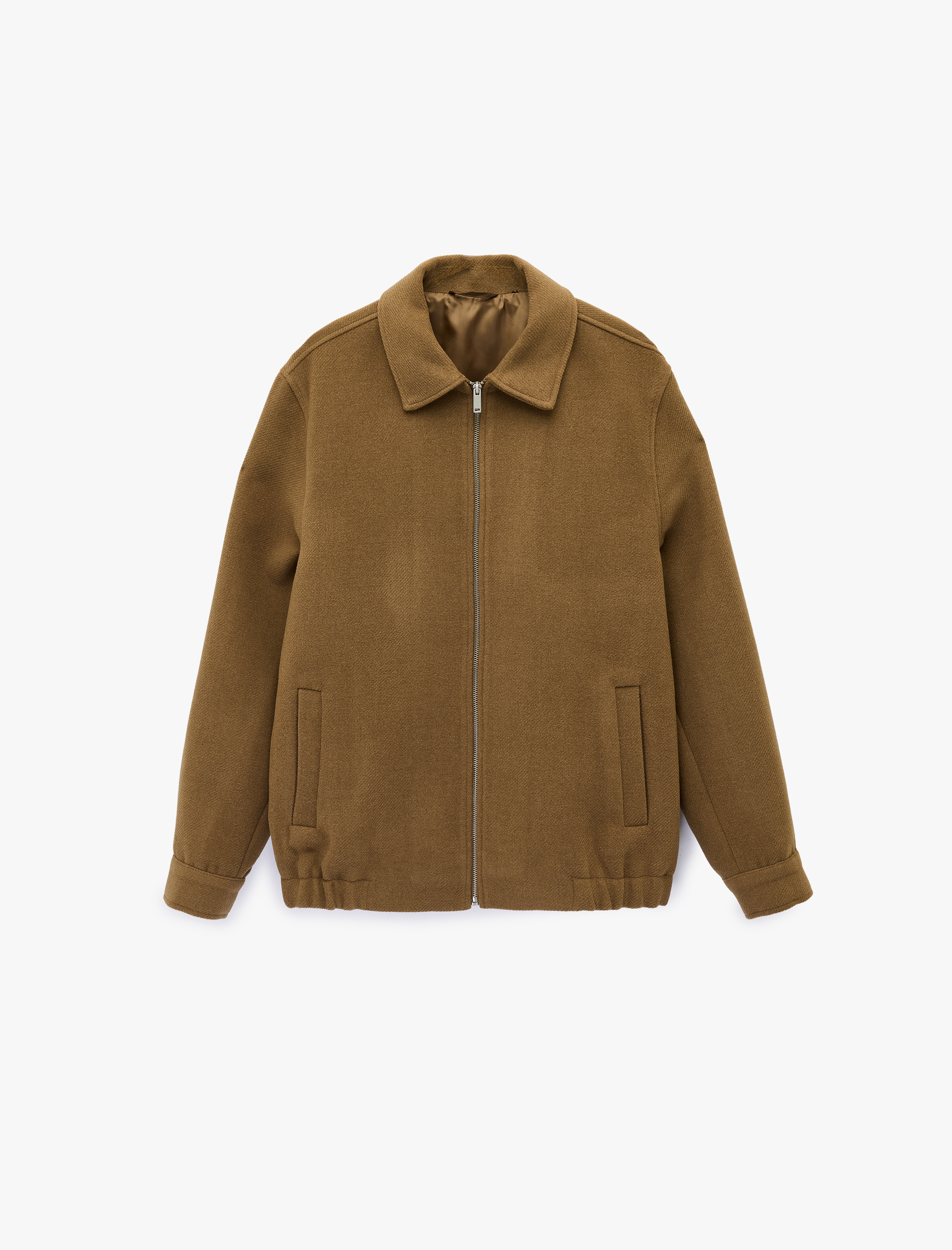   Regular Fit Uzun Kollu Cepli Gömlek Yaka Fermuarlı Kaşe Bomber Ceket