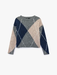 Uzun Kollu Bisiklet Yaka Baklava Desenli Kazak