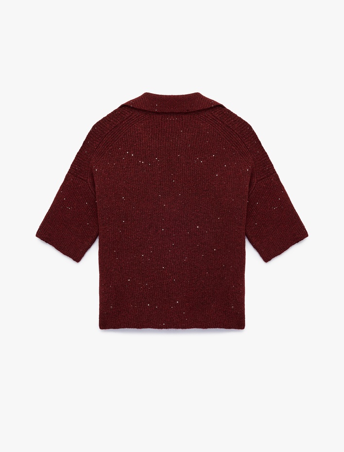  Kısa Kollu Pullu Parıltılı Polo Yaka Triko Kazak