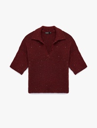 Kısa Kollu Pullu Parıltılı Polo Yaka Triko Kazak