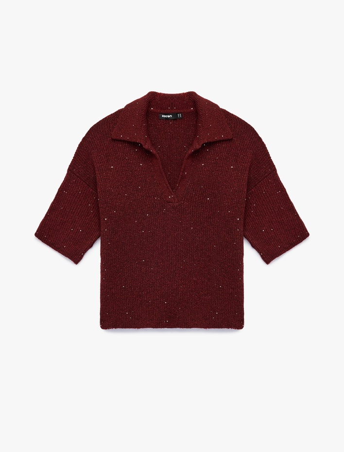  Kısa Kollu Pullu Parıltılı Polo Yaka Triko Kazak