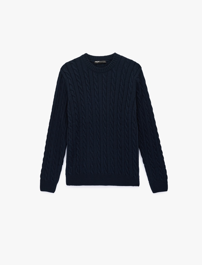  Uzun Kollu Bisiklet Yaka Saç Örgüsü Dokulu Triko Kazak