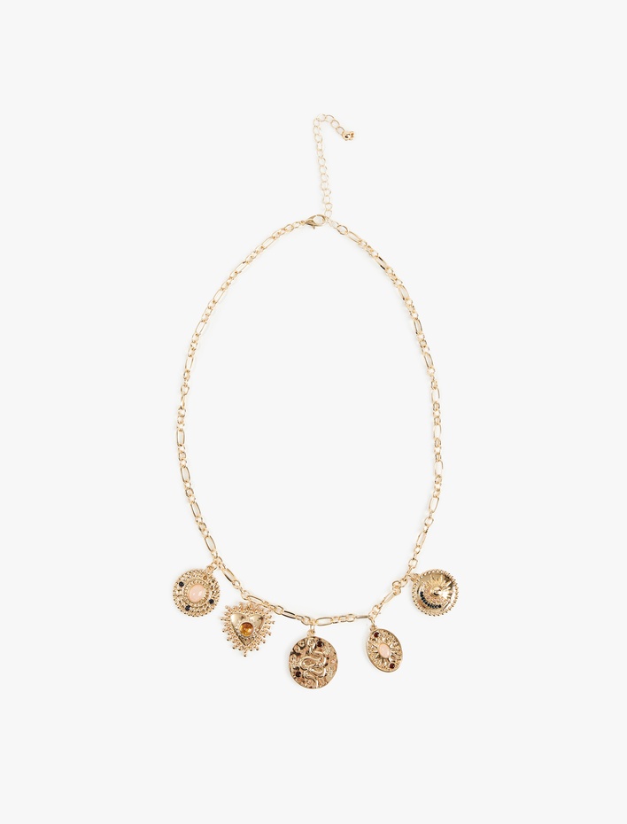 Kadın Taş Detaylı Dokulu Charmlı Kolye