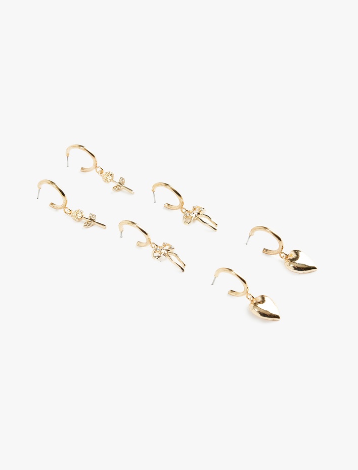 Kadın Çelik Karışımlı 3'lü Charm Detaylı Halka Küpe Seti