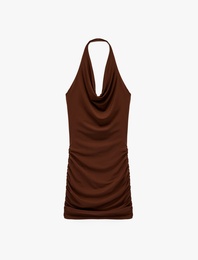 Drapeli Sırt Dekolteli Degaje Yaka Bodycon Midi Elbise