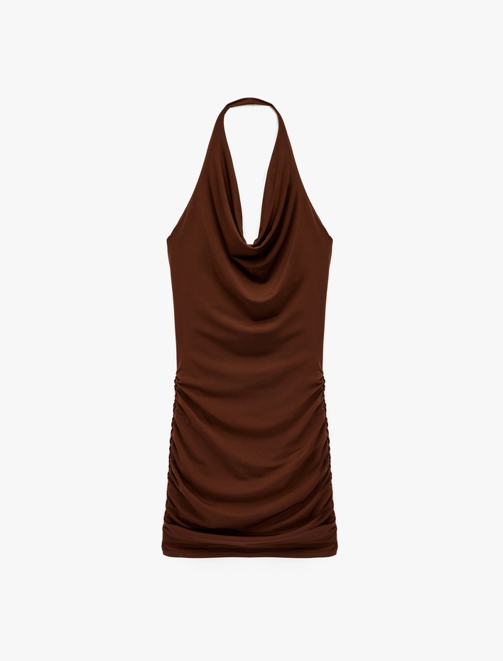  Drapeli Sırt Dekolteli Degaje Yaka Bodycon Midi Elbise