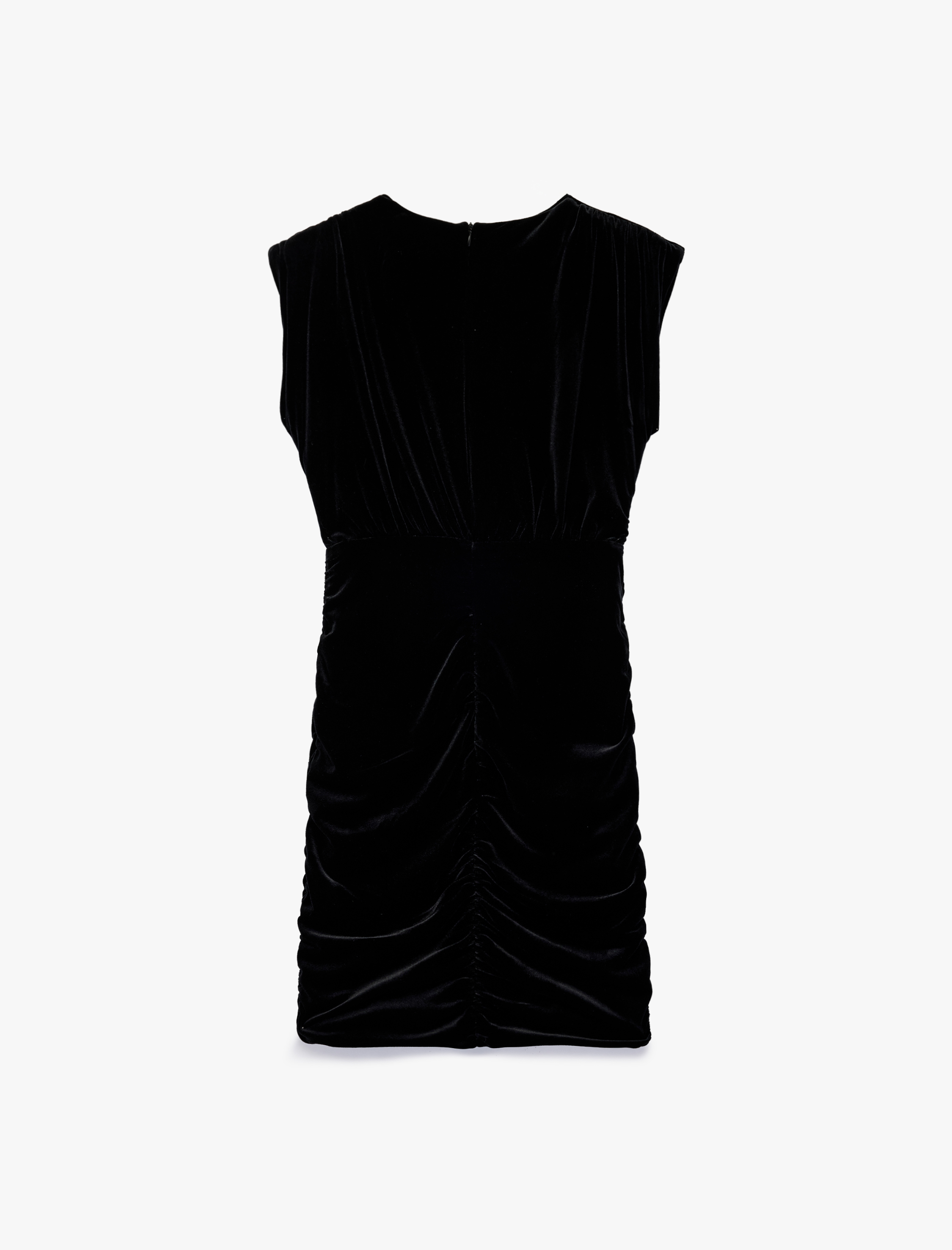   Drapeli Kolsuz Yuvarlak Yaka Pencere Detaylı Mini Kadife Elbise