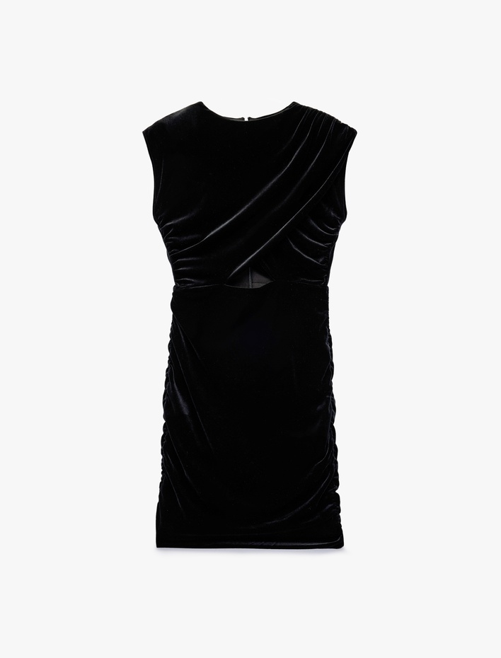  Drapeli Kolsuz Yuvarlak Yaka Pencere Detaylı Mini Kadife Elbise