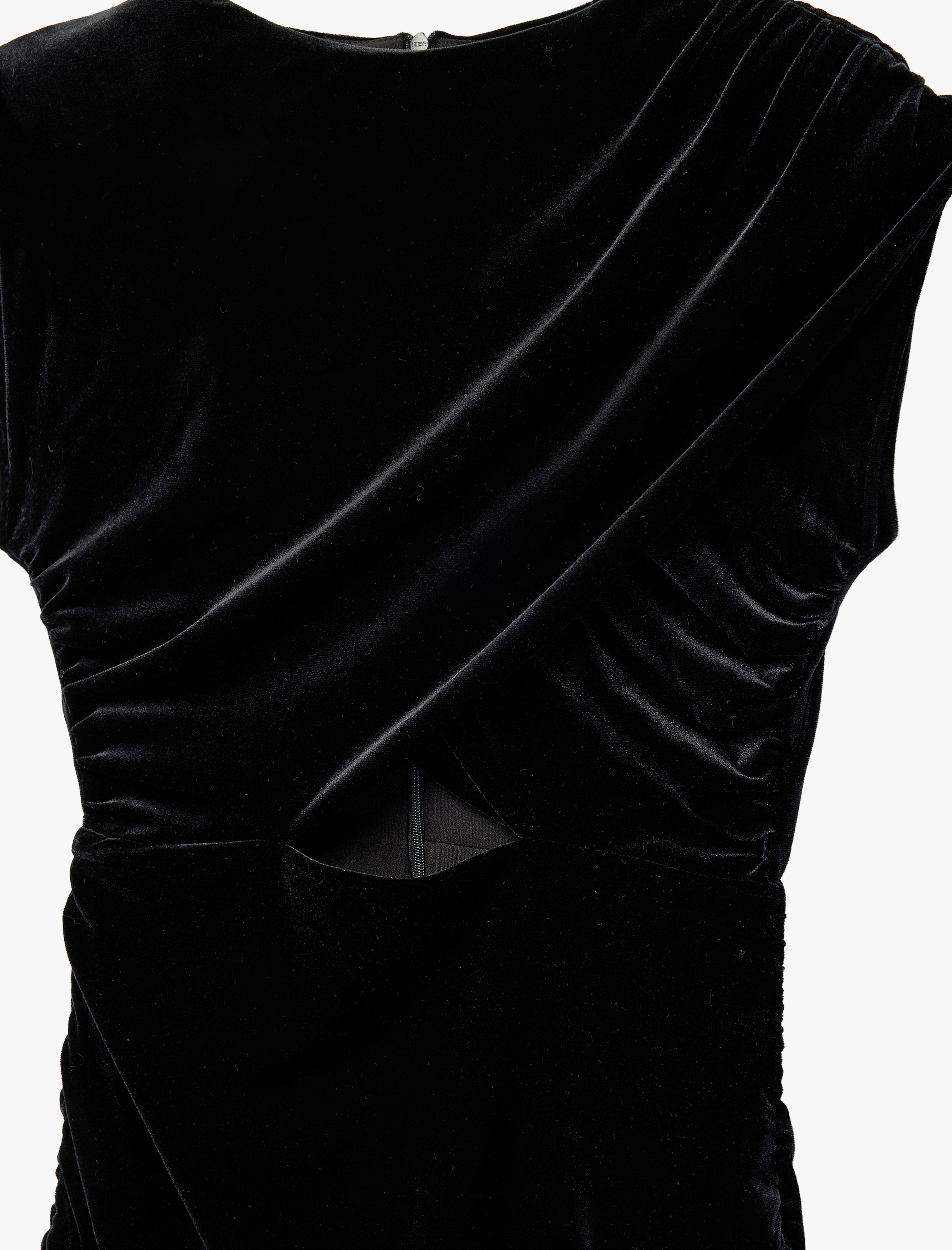   Drapeli Kolsuz Yuvarlak Yaka Pencere Detaylı Mini Kadife Elbise