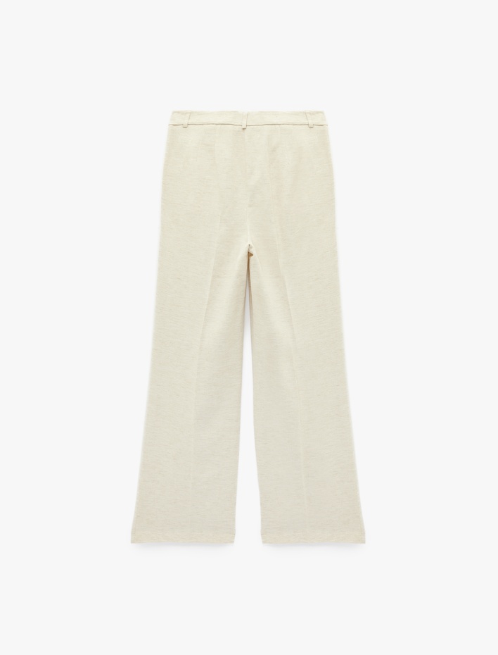  Pile Detaylı Cepli Keten Karışımlı Geniş Paça Pantolon