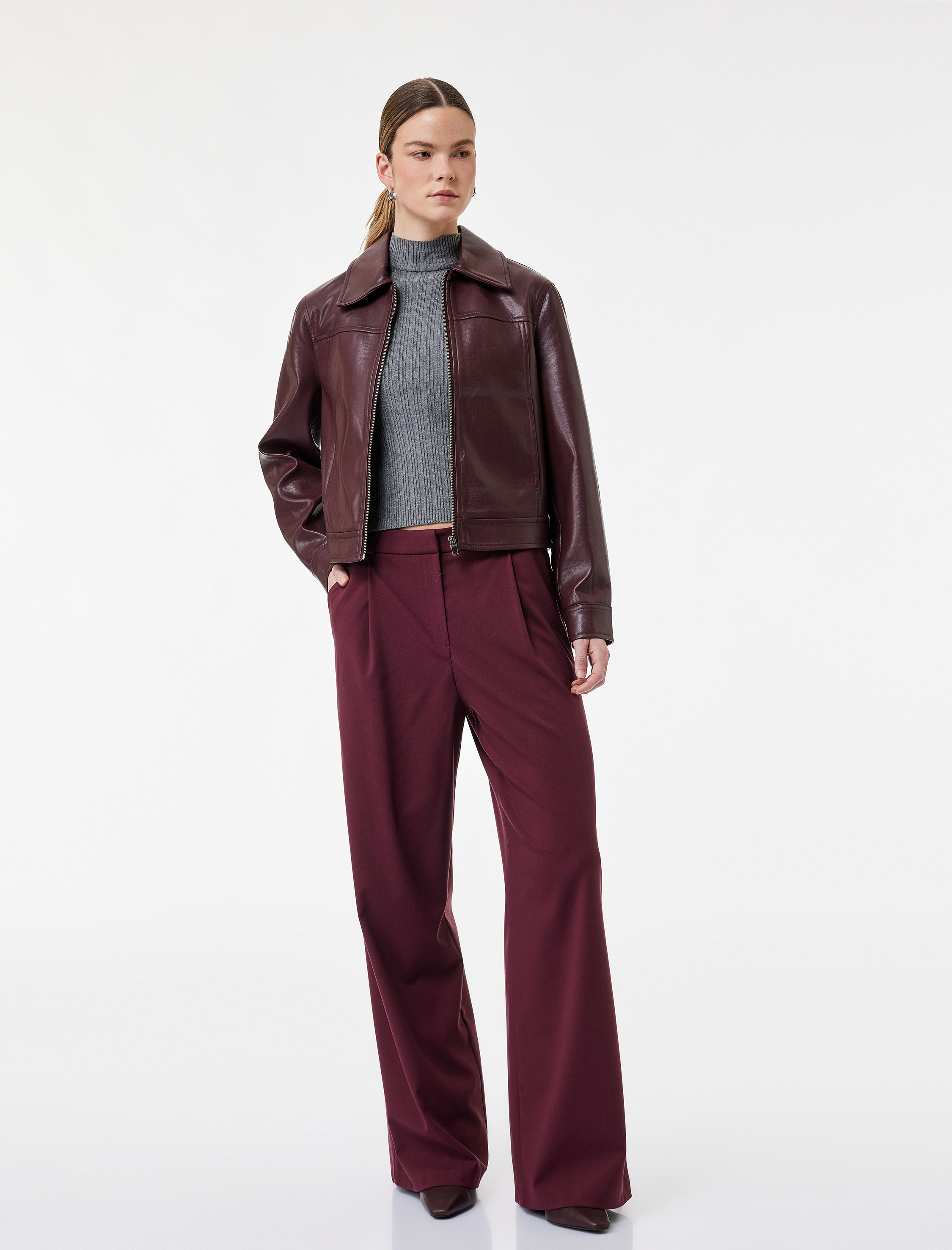   Cepli Yüksek Bel Geniş Paça Kumaş Pantolon