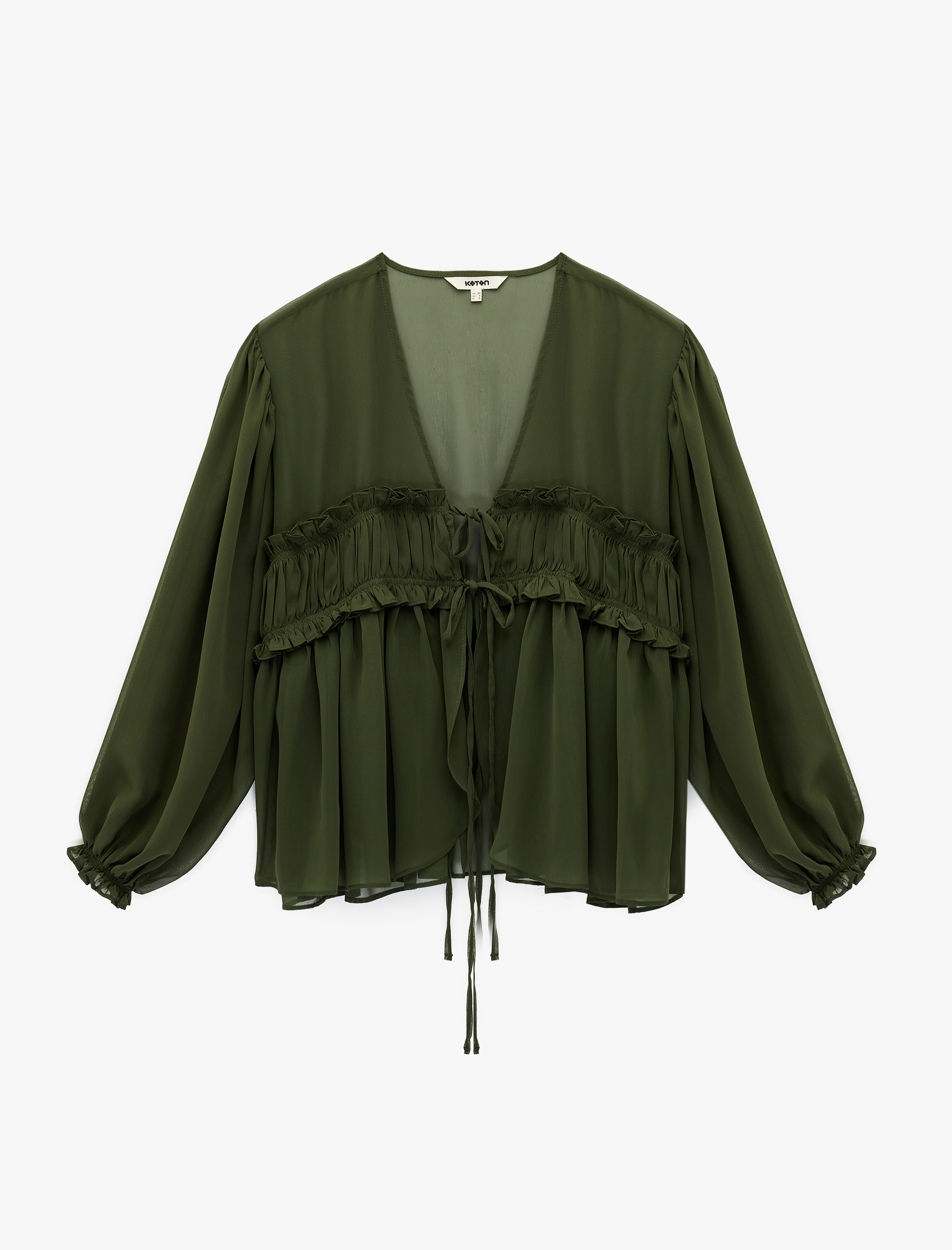   Uzun Kollu Fırfırlı V Yaka Önden Bağlamalı Şifon Bluz