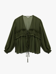 Uzun Kollu Fırfırlı V Yaka Önden Bağlamalı Şifon Bluz