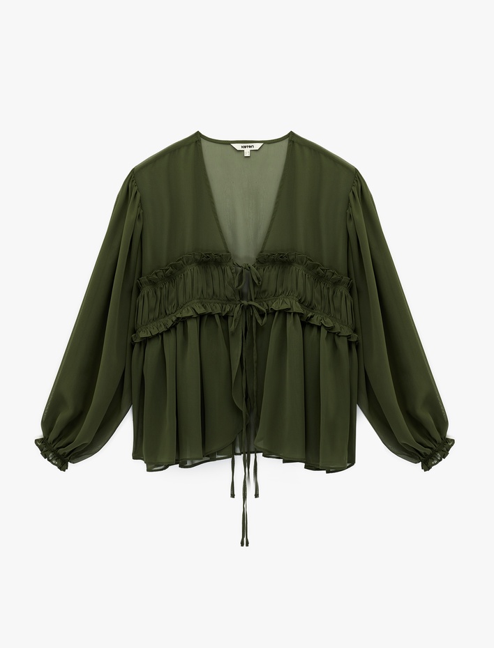  Uzun Kollu Fırfırlı V Yaka Önden Bağlamalı Şifon Bluz