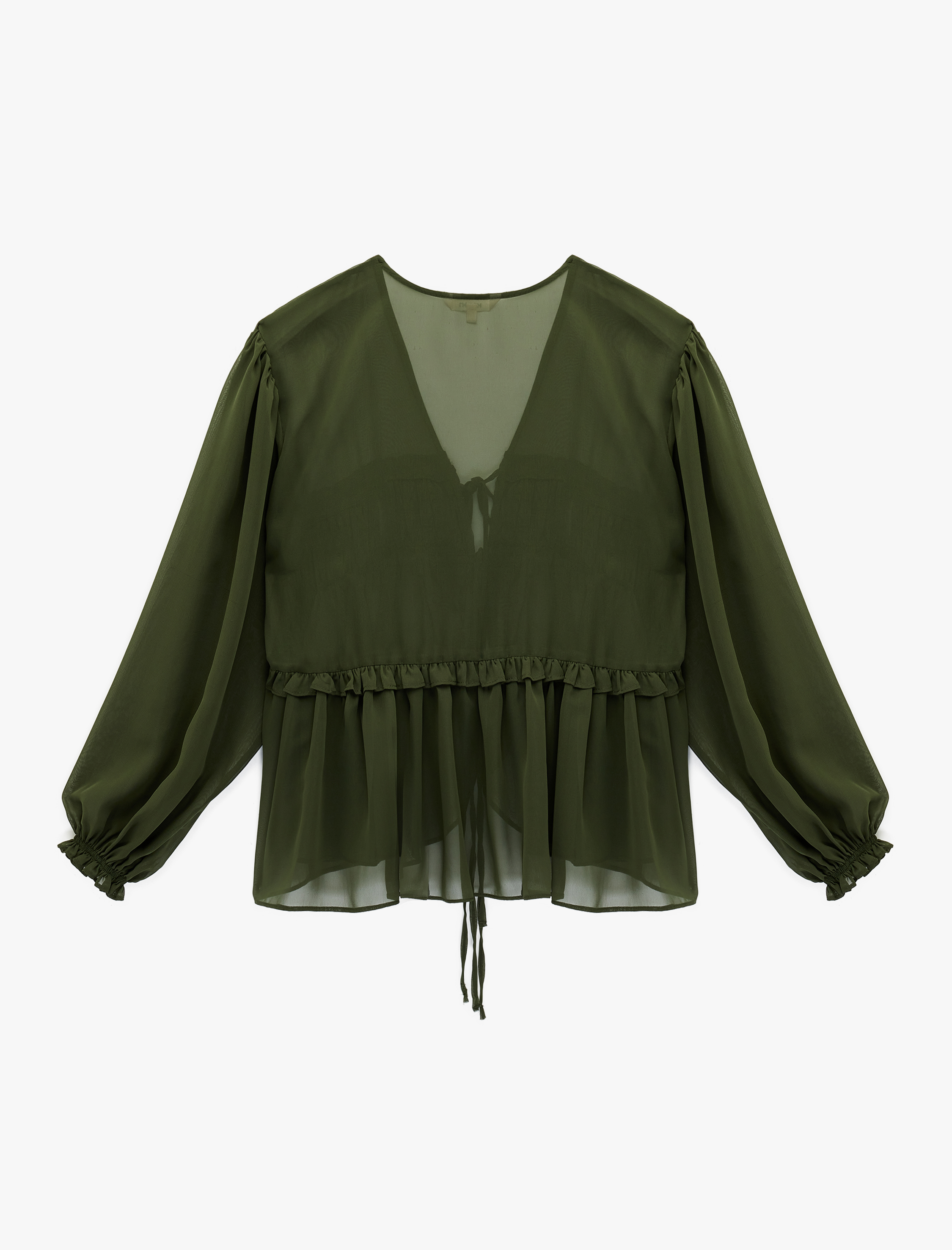   Uzun Kollu Fırfırlı V Yaka Önden Bağlamalı Şifon Bluz