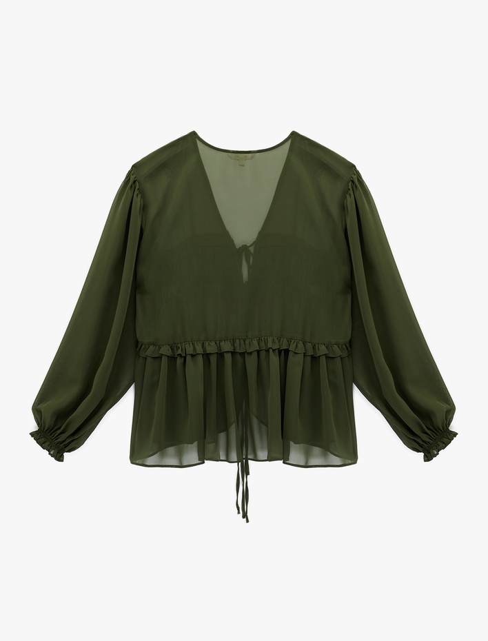  Uzun Kollu Fırfırlı V Yaka Önden Bağlamalı Şifon Bluz