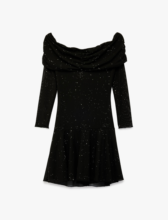  Omzu Açık Uzun Kollu Drapeli Simli Mini Tül Elbise