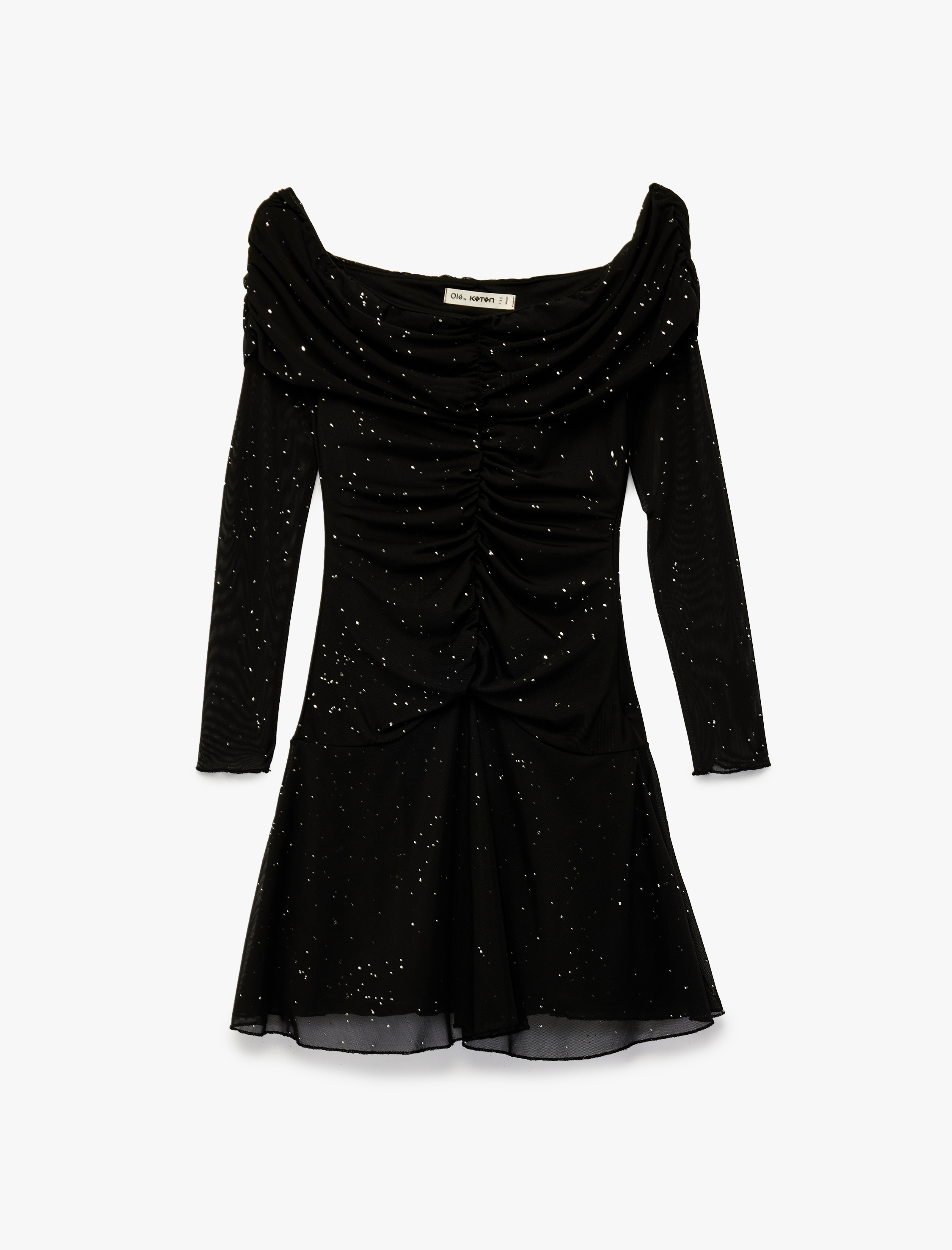   Omzu Açık Uzun Kollu Drapeli Simli Mini Tül Elbise