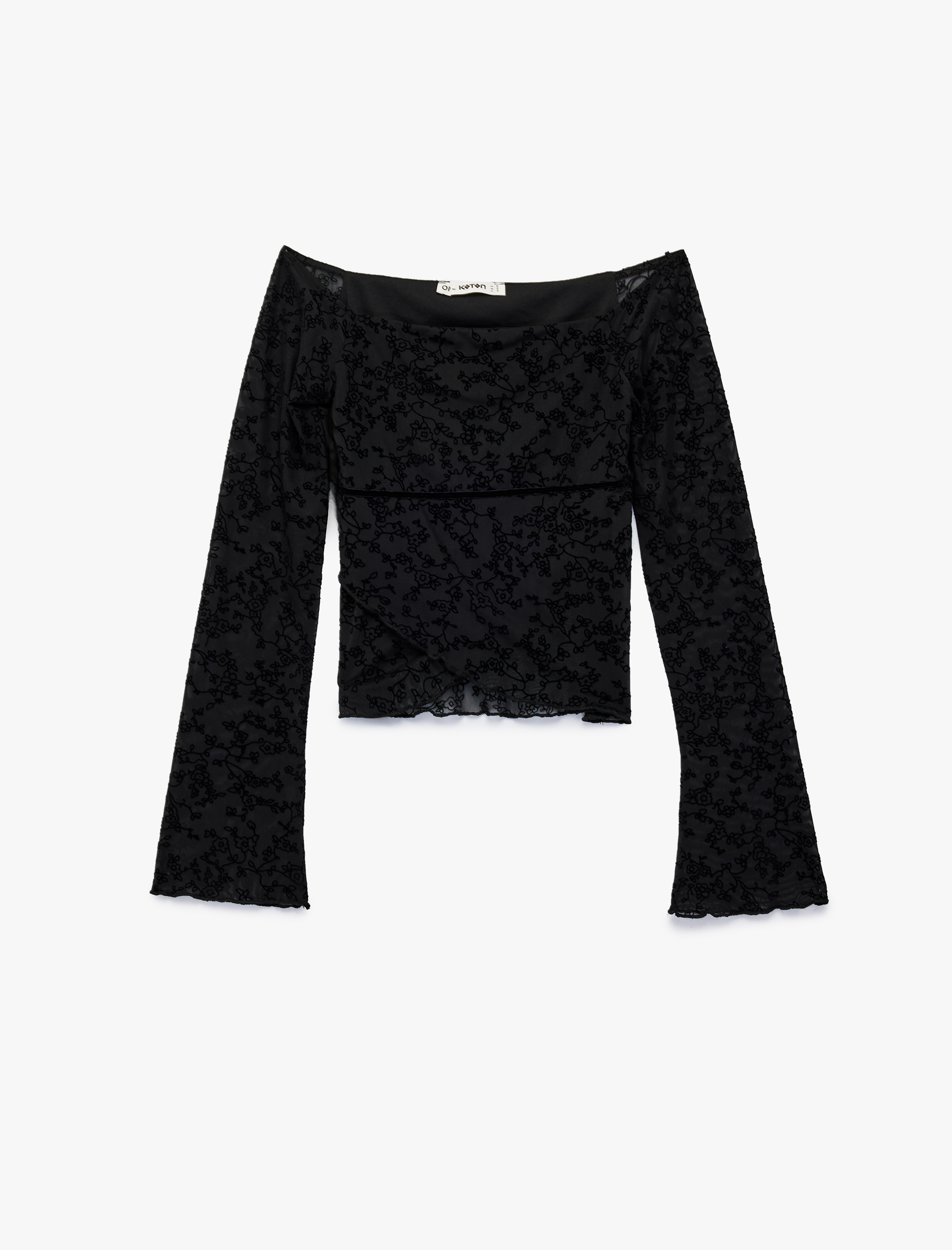   Uzun Kollu Slim Fit Açık Omuz Tül Dantelli Tişört