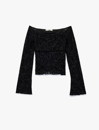 Uzun Kollu Slim Fit Açık Omuz Tül Dantelli Tişört